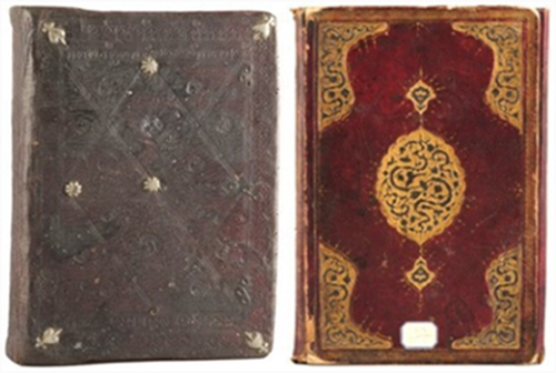 约1396年的希腊手稿（左），书脊较圆；约16世纪的伊斯兰手稿（右），较为平整